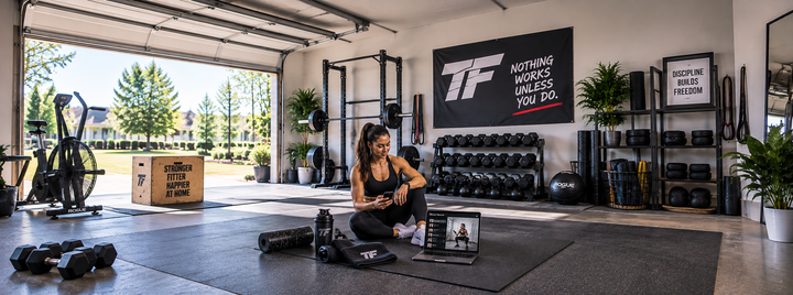 Female athlete using a workout app on her phone and laptop while training in a bright, spacious home garage gym.
