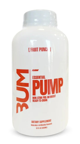 RAW Nutrition CBUM Pump RTD Fruit Punch single bottle featuring a ready-to-drink pump and performance support beverage inspired by Chris Bumstead, with fruit punch flavor graphics including orange, pineapple, and cherry imagery.