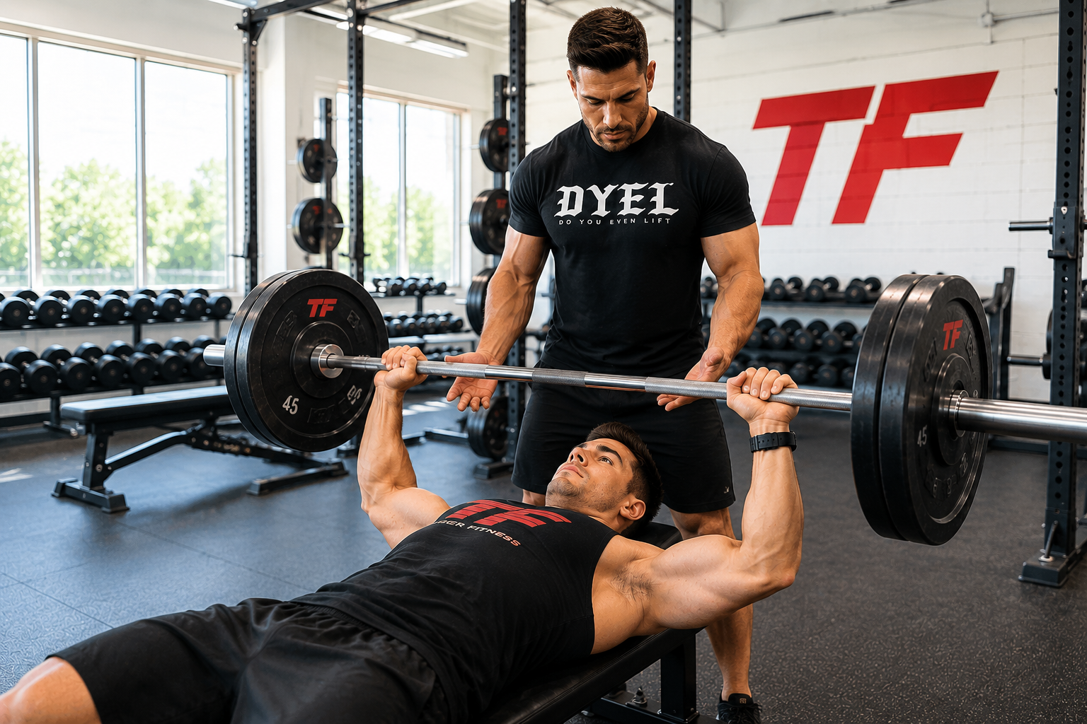 Muscular man bench pressing a heavy barbell while a spotter in a DYEL shirt stands behind him in a bright Tiger Fitness gym.