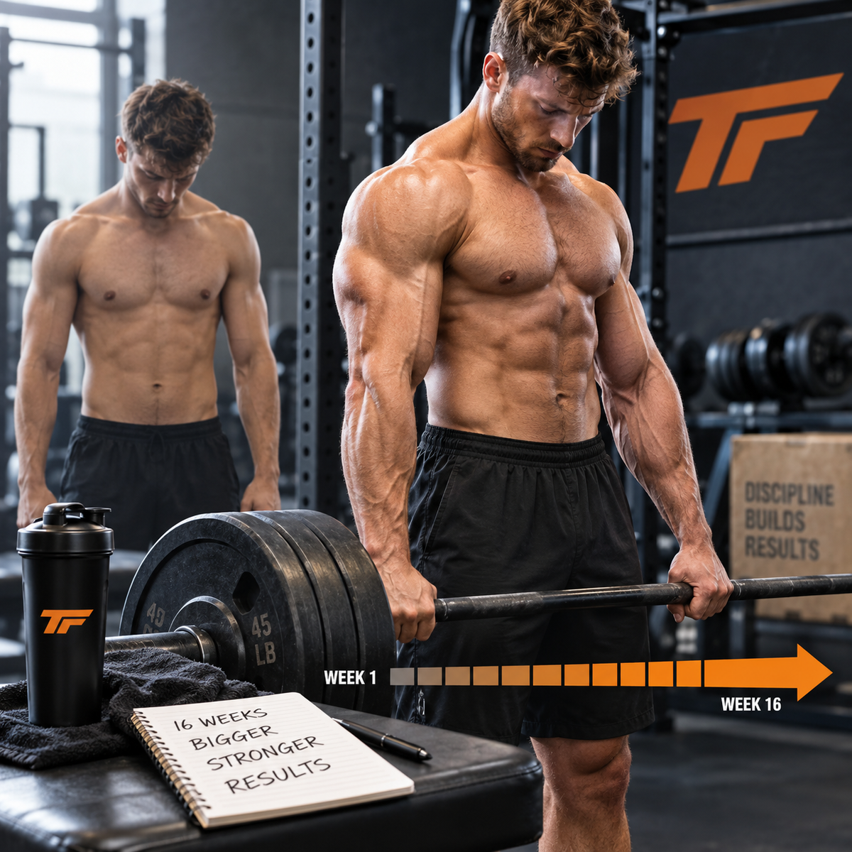 Muscular man deadlifting in a gym with a 16-week progress timeline illustrating muscle and strength gains