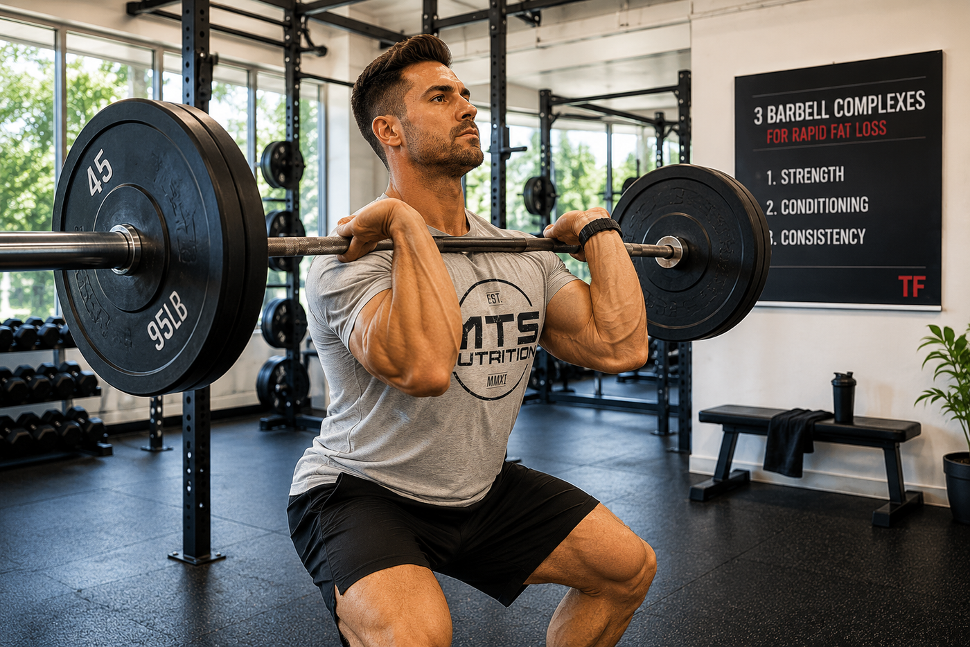 Focused Front Rack Squat in a Bright Gym