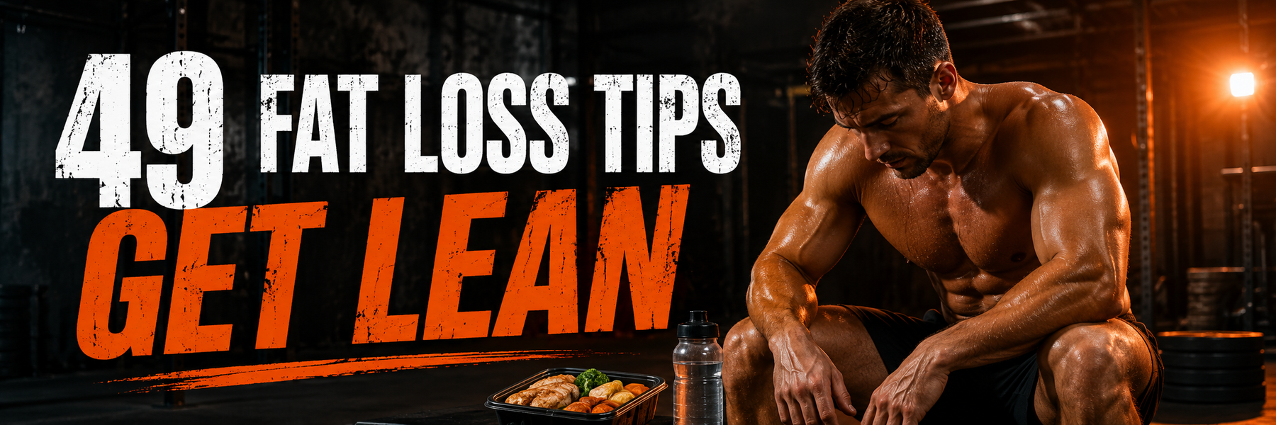Lean athlete recovering after training with text 49 Fat Loss Tips – Get Lean