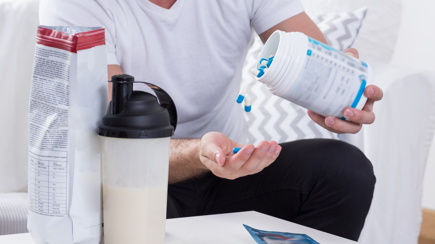 Illustration of a magical exercise pill that builds muscle and strips fat