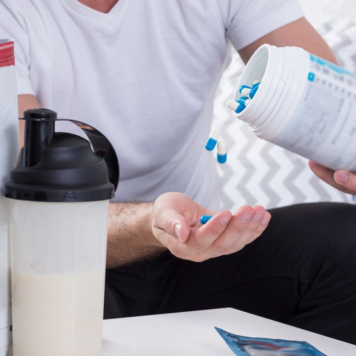 Illustration of a magical exercise pill that builds muscle and strips fat