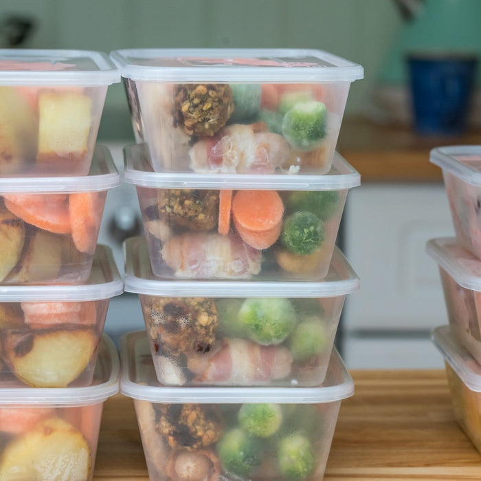 Meal prep containers showing tips for easy meal prep