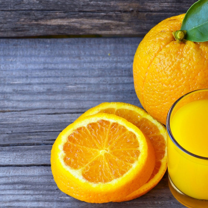 Fresh orange showing its calorie count