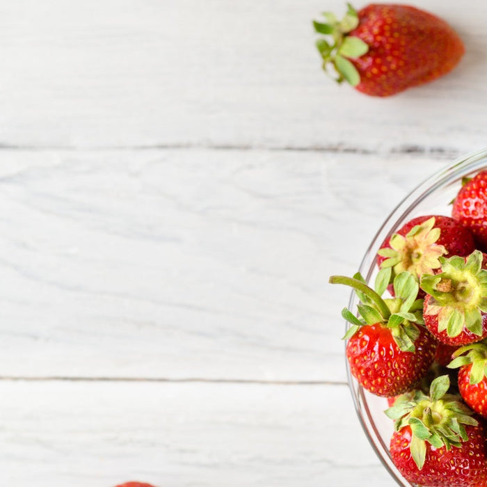 Fresh strawberries showing their calorie count