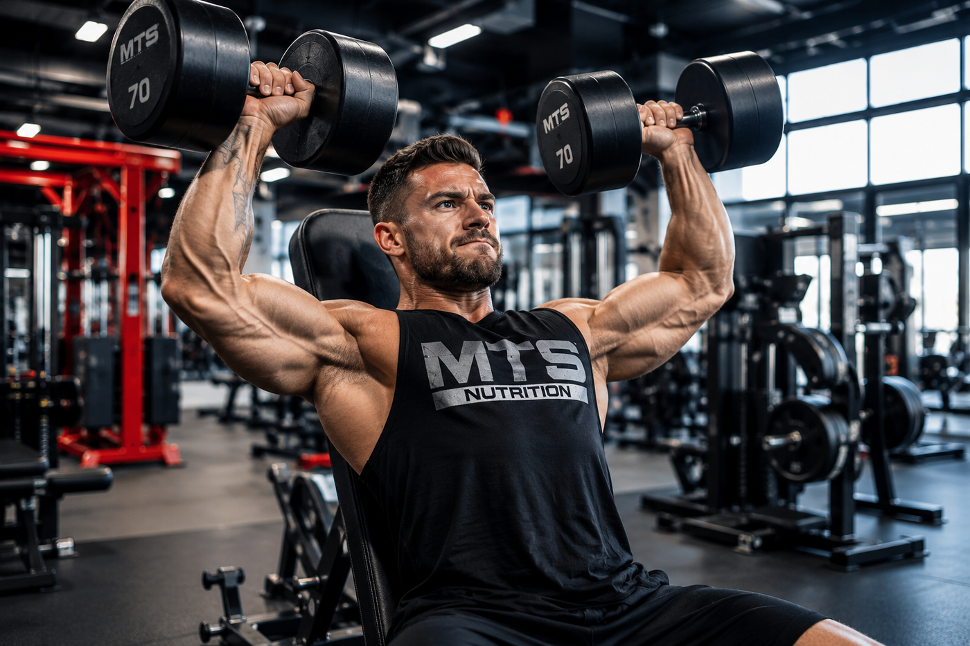 Muscular man performing a seated dumbbell shoulder press in a bright gym while wearing a black MTS Nutrition tank top.