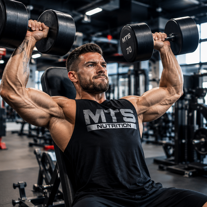 Muscular man performing a seated dumbbell shoulder press in a bright gym while wearing a black MTS Nutrition tank top.