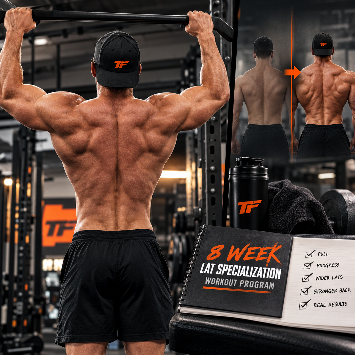 8-week lat specialization workout showing a muscular lifter performing a wide-grip pull-up, highlighting back and lat development in a gym setting. Tiger Fitness