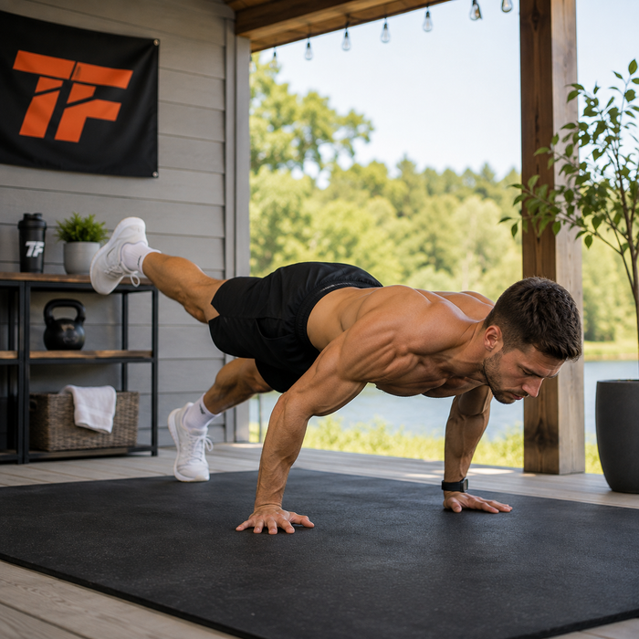Man performing a bodyweight strength exercise at home with no gym equipment