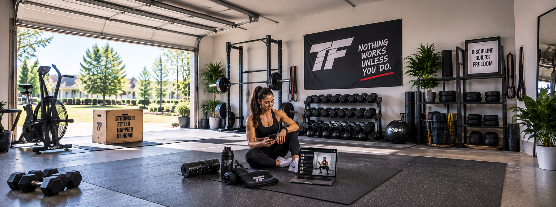 Female athlete using a workout app on her phone and laptop while training in a bright, spacious home garage gym.