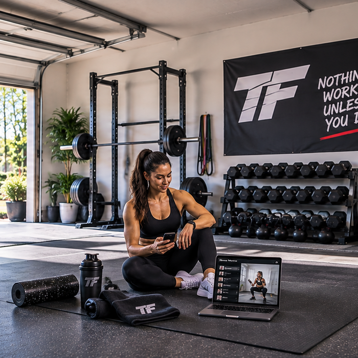 Female athlete using a workout app on her phone and laptop while training in a bright, spacious home garage gym.