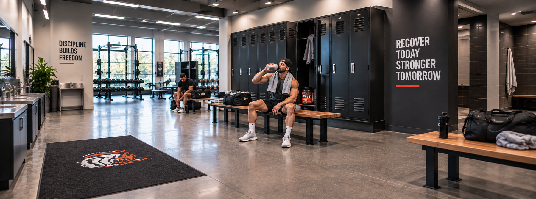 Athlete drinking a protein shake after training in a gym locker room with whey protein nearby for post-workout recovery.
