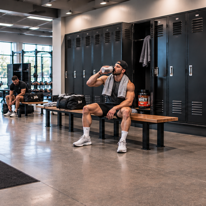 Athlete drinking a protein shake after training in a gym locker room with whey protein nearby for post-workout recovery.