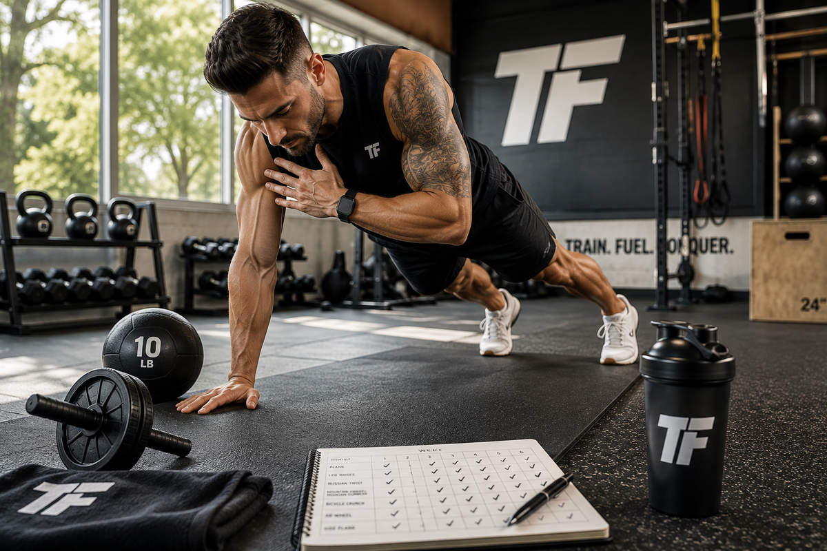 Athletic man performing a plank shoulder tap during a core workout, with an ab wheel and medicine ball nearby in a bright gym.