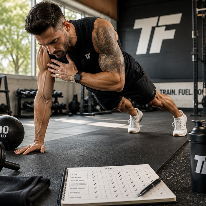Athletic man performing a plank shoulder tap during a core workout, with an ab wheel and medicine ball nearby in a bright gym.
