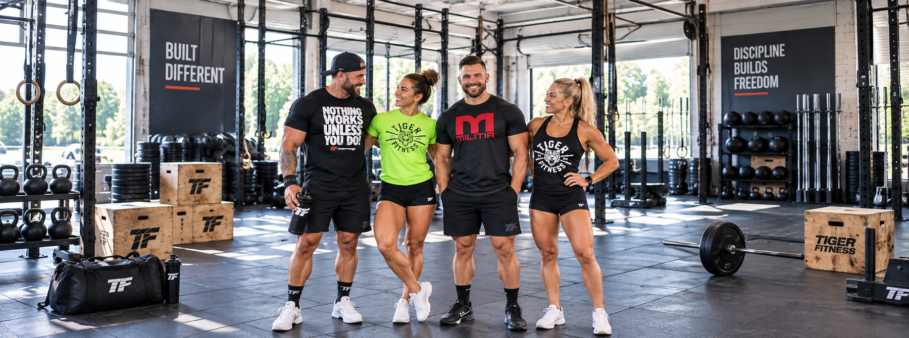 CrossFit athletes wearing Tiger Fitness gym apparel standing together in a bright functional training gym.