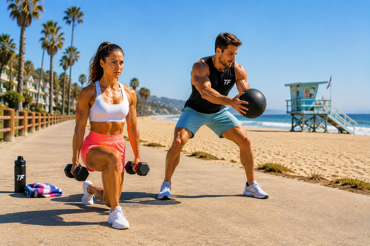 Fit man and woman performing medicine ball and dumbbell exercises during a sunny beachside workout