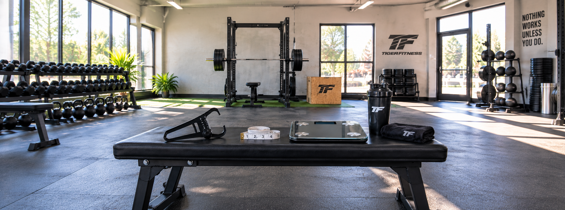 Body fat measurement tools including skinfold calipers, measuring tape, and a digital scale displayed on a bench in a bright Tiger Fitness gym.