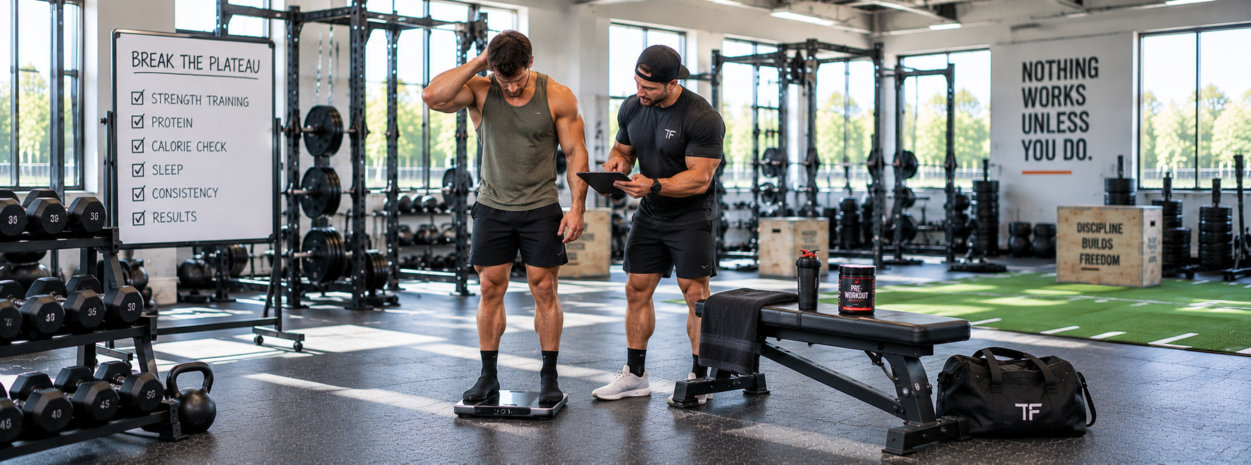 Two men in a gym, with one lifting a dumbbell while the other checks his weight on a scale, representing overcoming a weight loss plateau while strength training.
