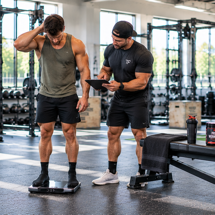 Two men in a gym, with one lifting a dumbbell while the other checks his weight on a scale, representing overcoming a weight loss plateau while strength training.