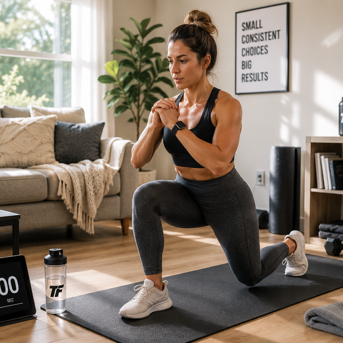 Woman performing a bodyweight lunge at home with a 20-minute timer during a beginner-friendly home workout.