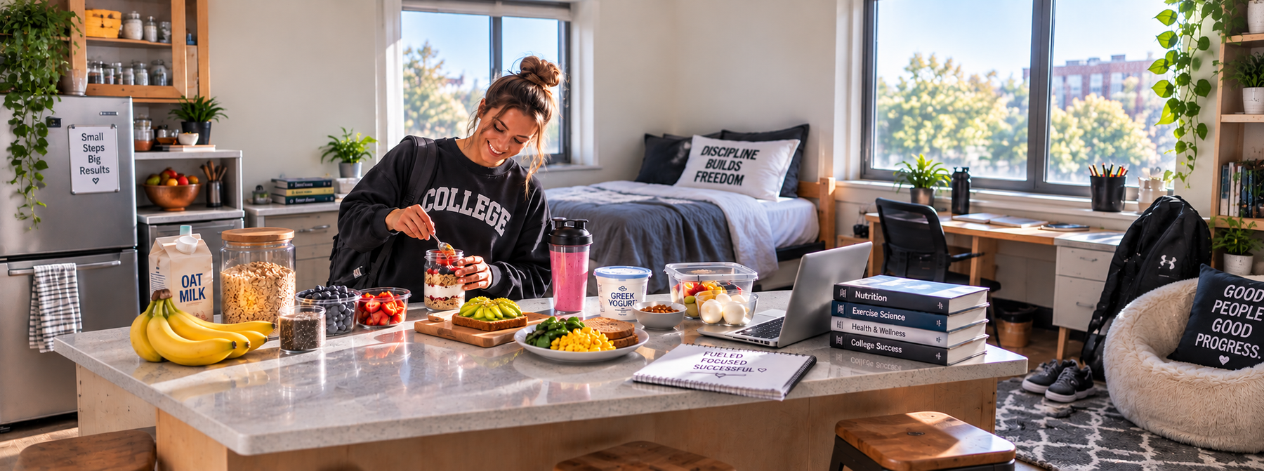 College student preparing a healthy breakfast with yogurt, fruit, oats, eggs, avocado toast, and a smoothie in a bright dorm-style kitchen.