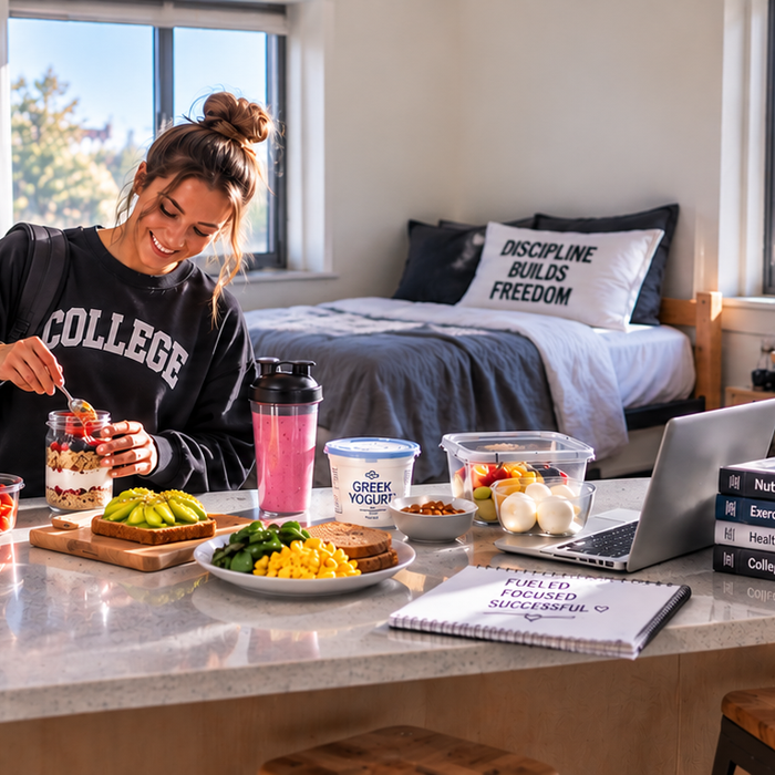 College student preparing a healthy breakfast with yogurt, fruit, oats, eggs, avocado toast, and a smoothie in a bright dorm-style kitchen.
