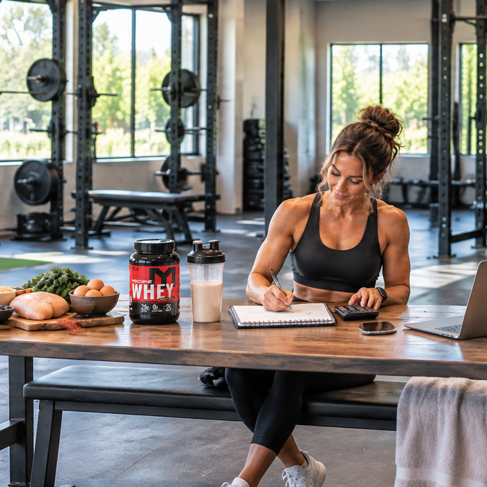 Fit woman calculating her daily protein intake at a table with protein-rich foods, whey protein, a shaker, calculator, and laptop in a bright gym.