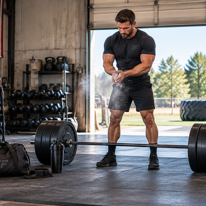 Muscular athlete preparing for a heavy deadlift in a spacious garage-style strength gym with weights and training equipment.