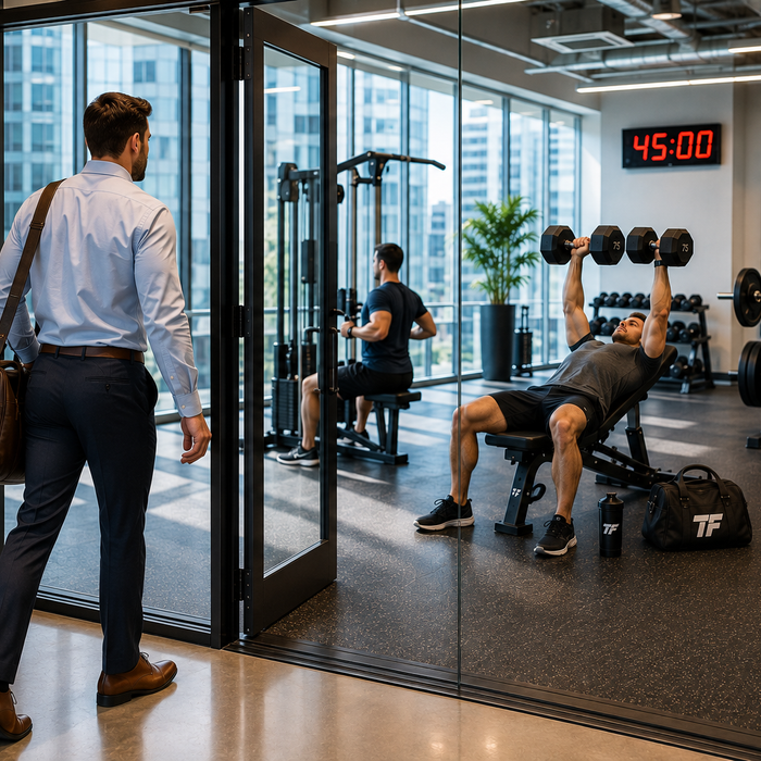 Busy professional entering a corporate gym with a work bag while others strength train under a 45-minute workout timer