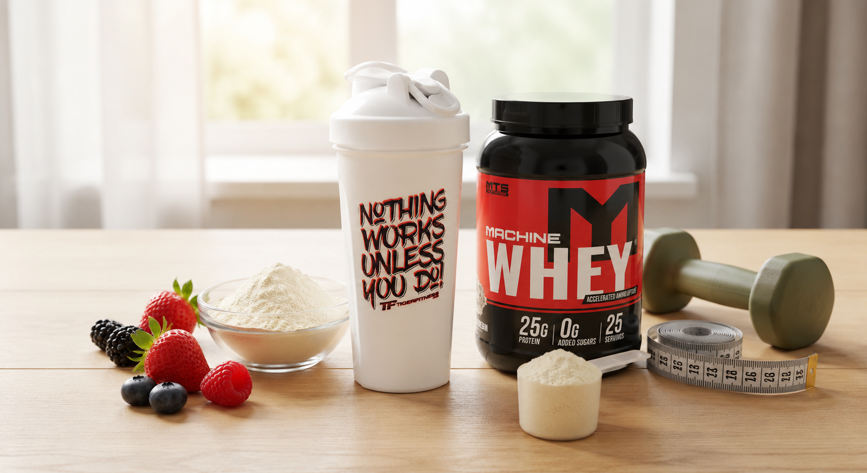 MTS Nutrition Machine Whey protein powder with Tiger Fitness shaker, fresh berries, and protein powder scoop on a countertop.