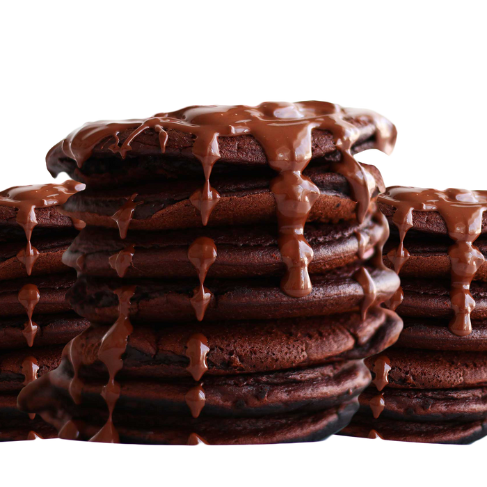 Stack of chocolate peanut butter protein pancakes