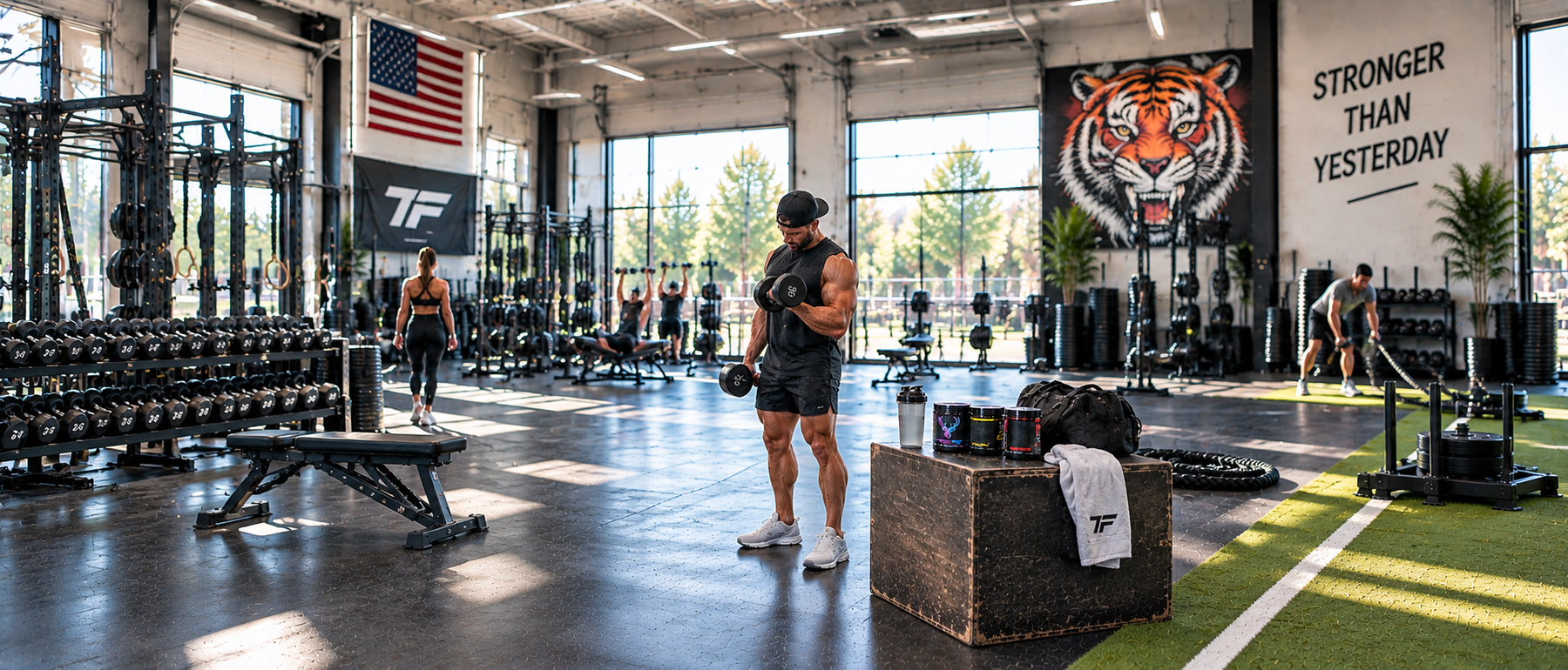Muscular athlete performing dumbbell curls in a bright, spacious gym with pump pre-workout supplements nearby