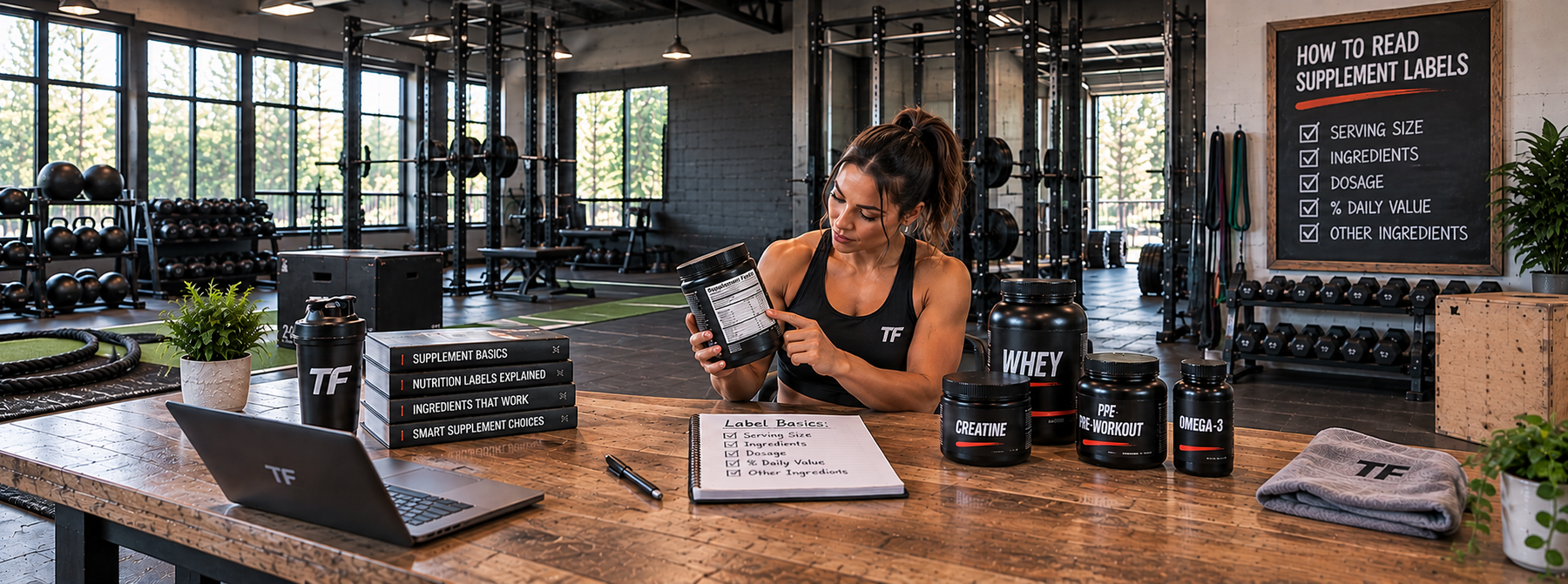 Woman reviewing a supplement nutrition label in a gym with whey protein, creatine, pre-workout, and omega-3 supplements displayed nearby.