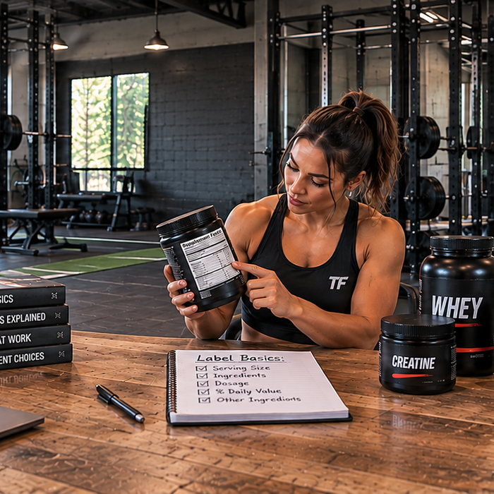 Woman reviewing a supplement nutrition label in a gym with whey protein, creatine, pre-workout, and omega-3 supplements displayed nearby.