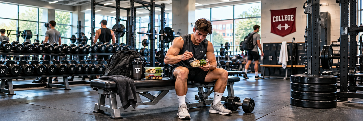 College student strength training with meal prep for a muscle building diet and workout plan