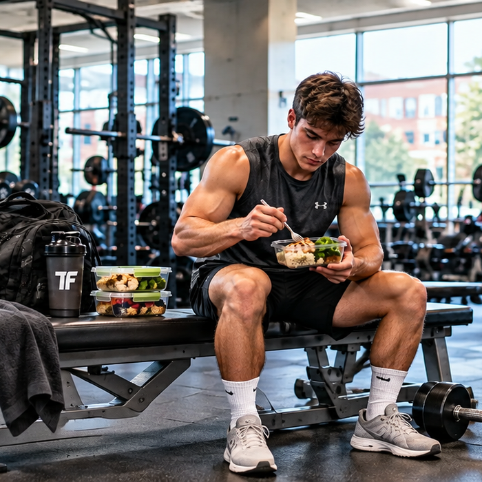 College student strength training with meal prep for a muscle building diet and workout plan