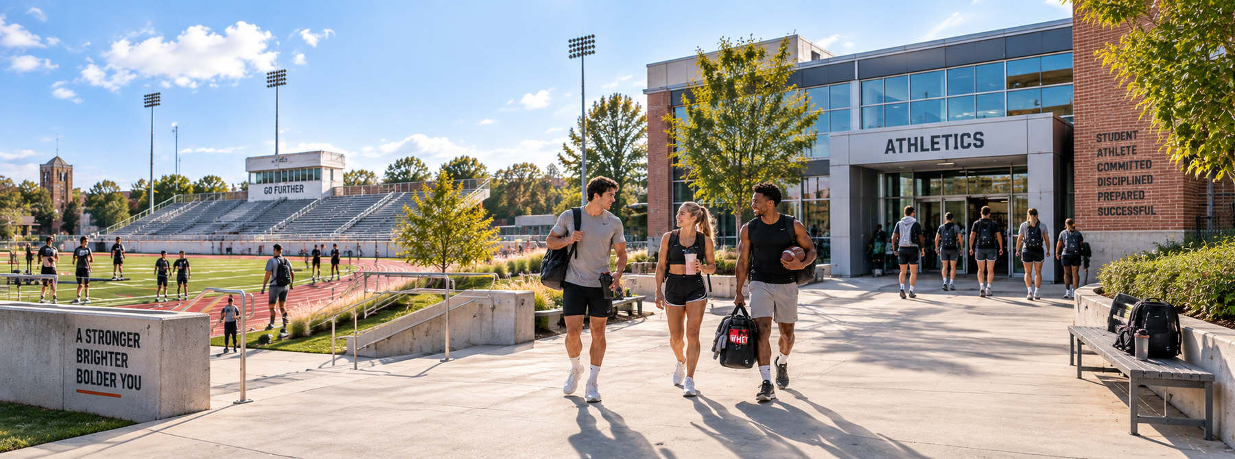 College athletes walking outside an athletic training facility with a football, shaker, and supplement bag near a stadium and track.