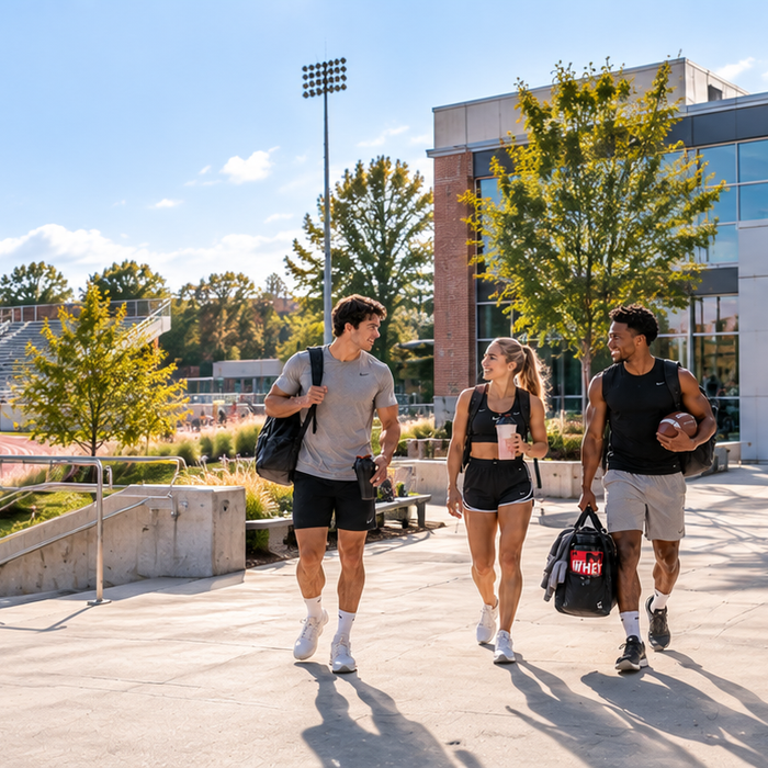 College athletes walking outside an athletic training facility with a football, shaker, and supplement bag near a stadium and track.