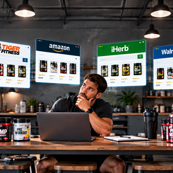Man comparing eBay alternatives for buying pre-workout supplements online, featuring Tiger Fitness, Amazon, iHerb, Walmart, and GNC in a modern gym setting.