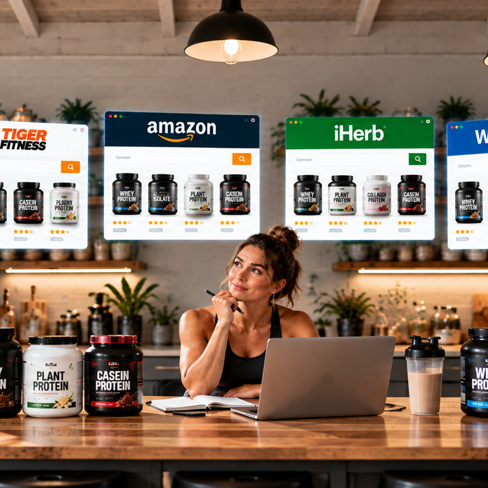 Woman comparing Target alternatives for buying protein powder online, featuring Tiger Fitness, Amazon, iHerb, Walmart, and GNC, with whey, plant, casein, and collagen protein options.