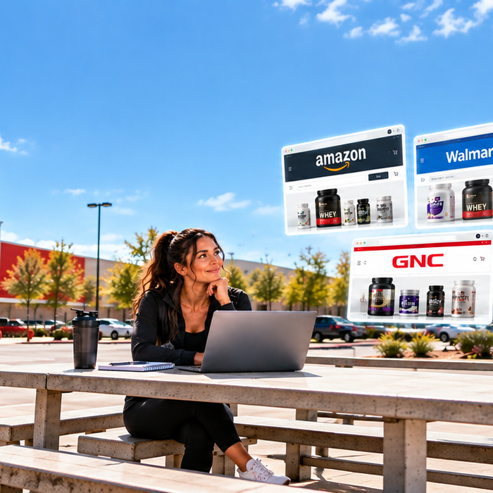 Woman comparing online supplement retailers including Amazon, Walmart, iHerb, GNC, Bodybuilding.com, and Vitacost outside a Target store for Target alternatives in 2026.