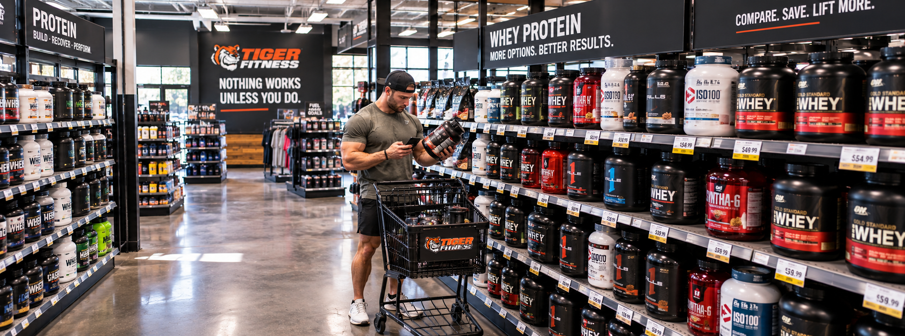 Shopper comparing whey protein prices and options while browsing a supplement store aisle.