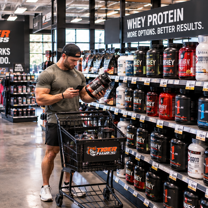 Shopper comparing whey protein prices and options while browsing a supplement store aisle.