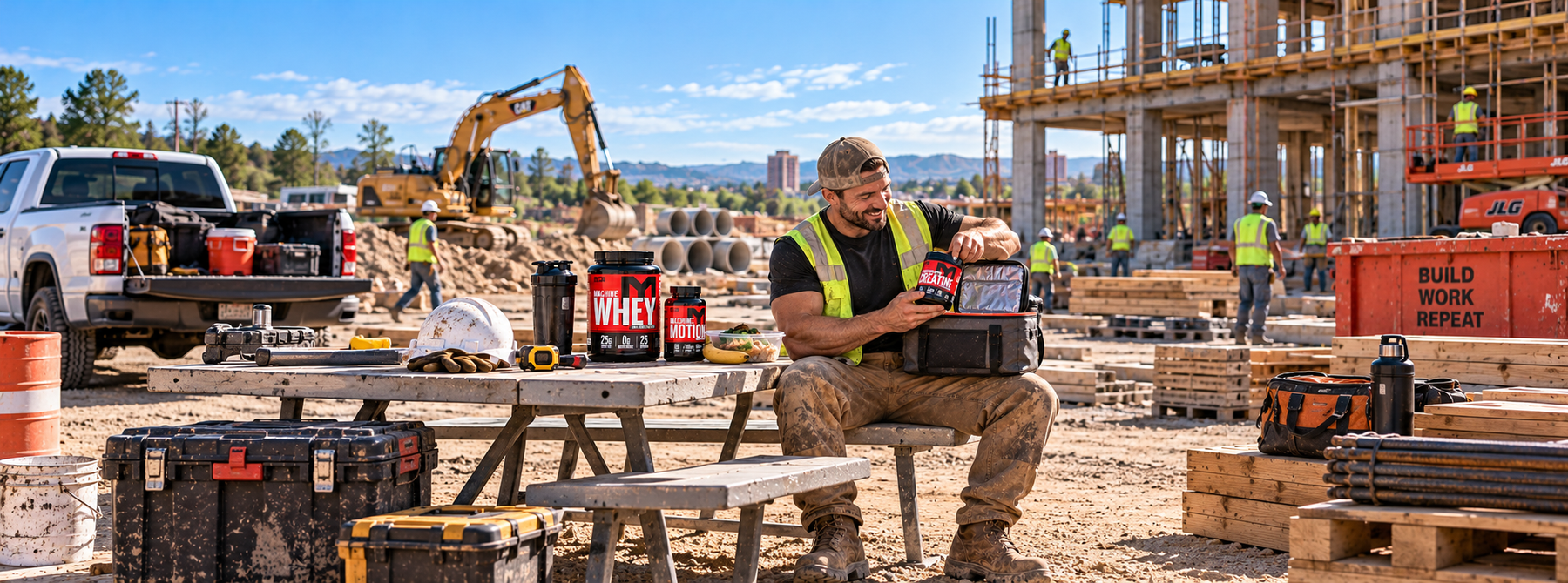 Construction worker taking creatine from his lunch box with MTS Machine Whey and Machine Motion supplements at an active jobsite.