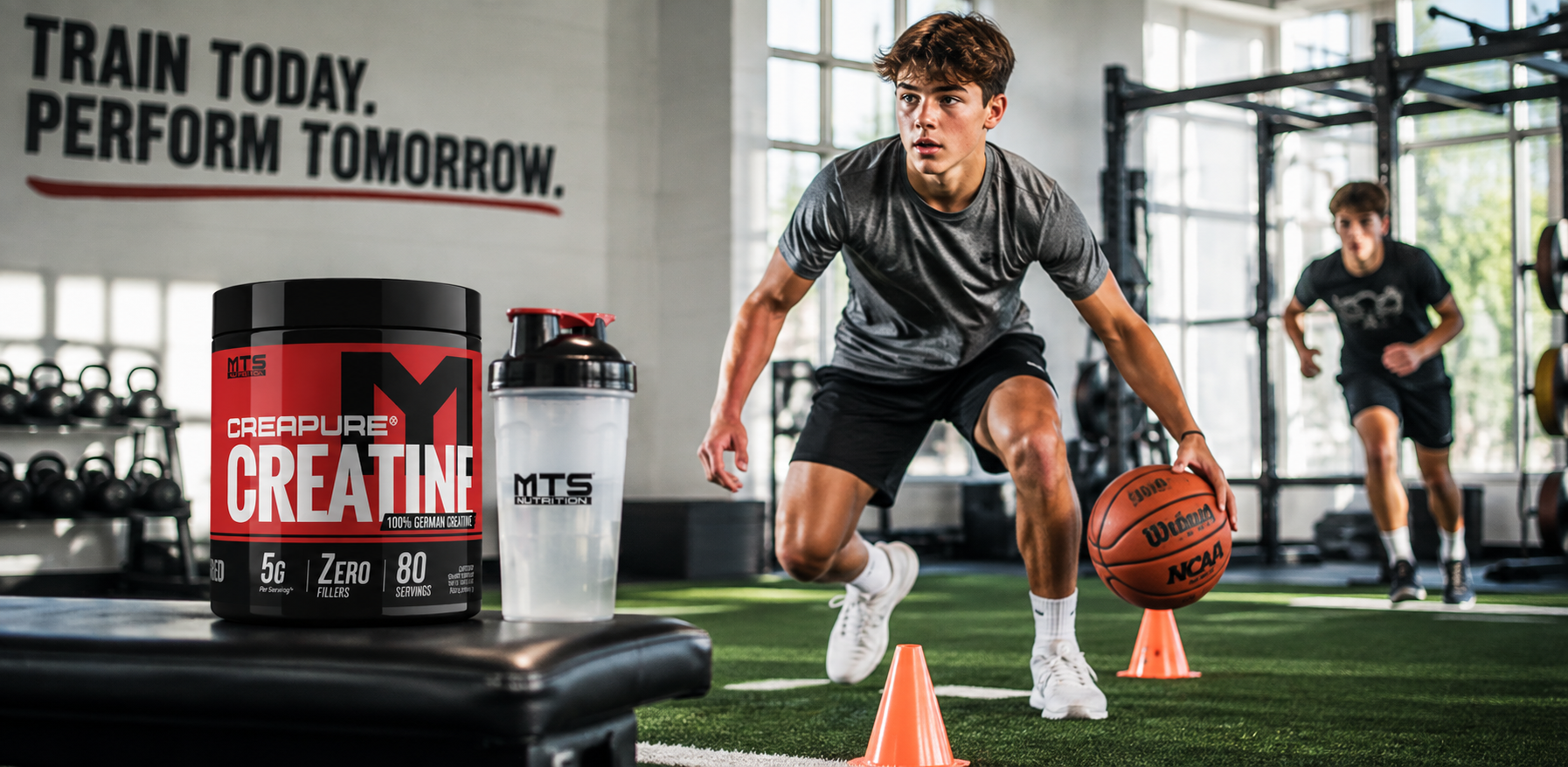 Teenage basketball athletes doing agility drills in a gym with MTS Creapure Creatine and a shaker bottle in the foreground.