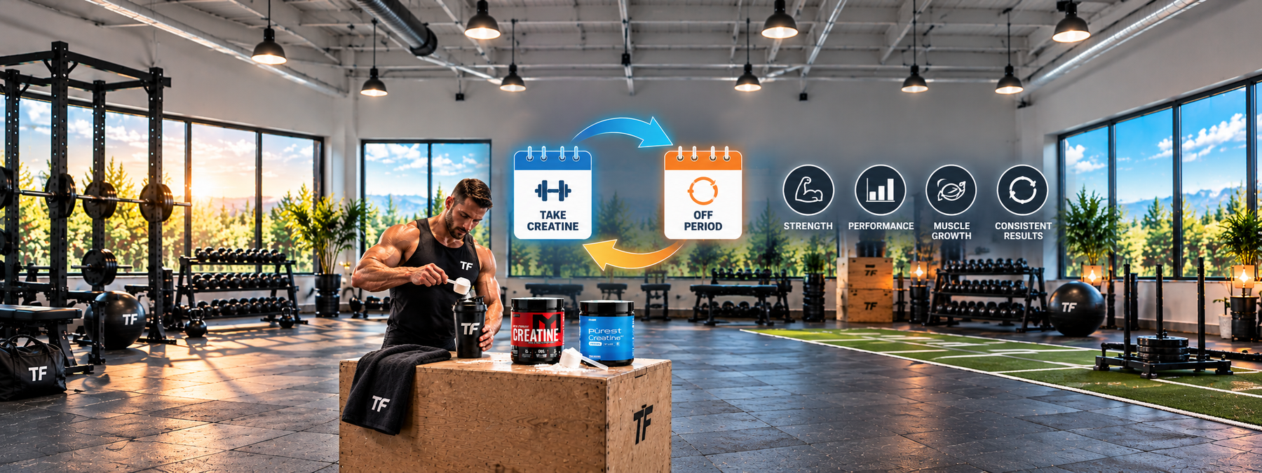 Athlete preparing a creatine shake in a gym with MTS and CleanForm Pürest Creatine supplements, cycling schedule graphics, and strength and muscle growth icons illustrating how to cycle creatine for maximum strength.