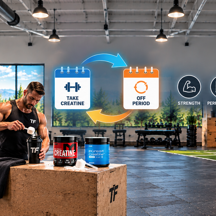 Athlete preparing a creatine shake in a gym with MTS and CleanForm Pürest Creatine supplements, cycling schedule graphics, and strength and muscle growth icons illustrating how to cycle creatine for maximum strength.